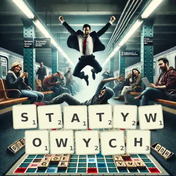 Kreatywna ilustracja do gry w Scrabble ze słowem STATYWOWYCH ułożonym z płytek na planszy.
