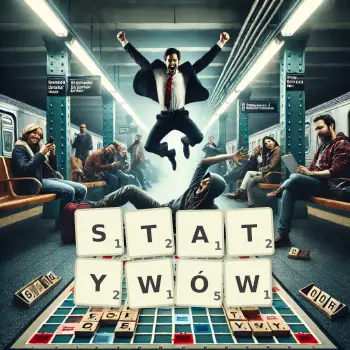 Kreatywna ilustracja do gry w Scrabble ze słowem STATYWÓW ułożonym z płytek na planszy.