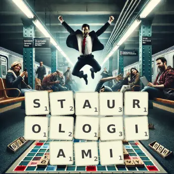 Kreatywna ilustracja do gry w Scrabble ze słowem STAUROLOGIAMI ułożonym z płytek na planszy.