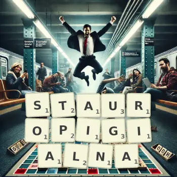 Kreatywna ilustracja do gry w Scrabble ze słowem STAUROPIGIALNA ułożonym z płytek na planszy.