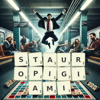 Kreatywna ilustracja do gry w Scrabble ze słowem STAUROPIGIAMI ułożonym z płytek na planszy.