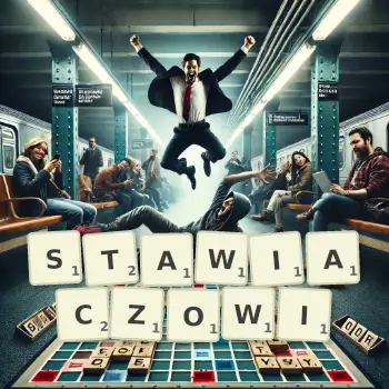 Kreatywna ilustracja do gry w Scrabble ze słowem STAWIACZOWI ułożonym z płytek na planszy.
