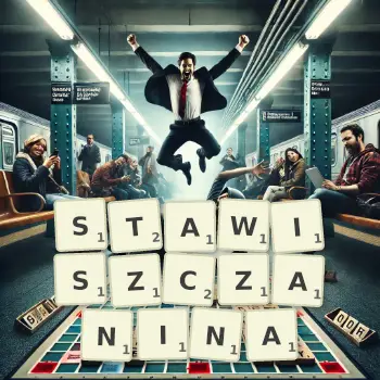 Kreatywna ilustracja do gry w Scrabble ze słowem STAWISZCZANINA ułożonym z płytek na planszy.