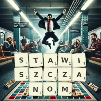 Kreatywna ilustracja do gry w Scrabble ze słowem STAWISZCZANOM ułożonym z płytek na planszy.