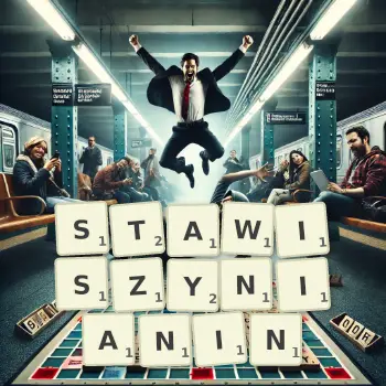 Kreatywna ilustracja do gry w Scrabble ze słowem STAWISZYNIANIN ułożonym z płytek na planszy.