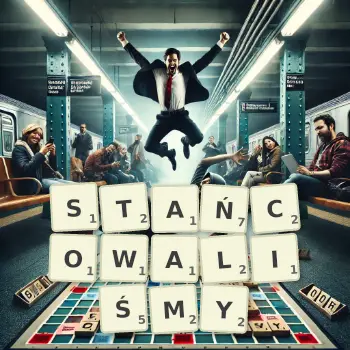 Kreatywna ilustracja do gry w Scrabble ze słowem STAŃCOWALIŚMY ułożonym z płytek na planszy.