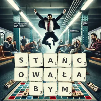 Kreatywna ilustracja do gry w Scrabble ze słowem STAŃCOWAŁABYM ułożonym z płytek na planszy.