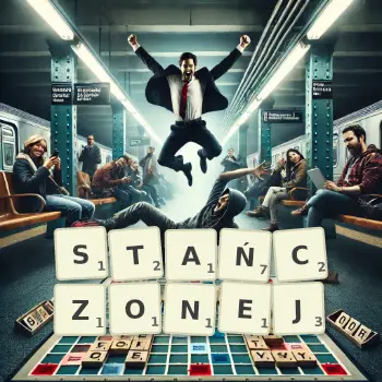 Kreatywna ilustracja do gry w Scrabble ze słowem STAŃCZONEJ ułożonym z płytek na planszy.