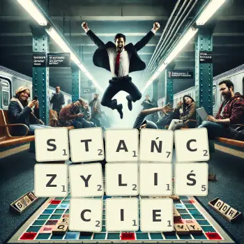 Kreatywna ilustracja do gry w Scrabble ze słowem STAŃCZYLIŚCIE ułożonym z płytek na planszy.