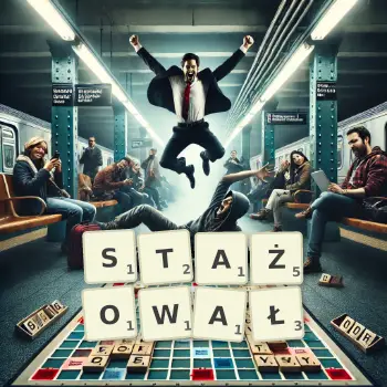 Kreatywna ilustracja do gry w Scrabble ze słowem STAŻOWAŁ ułożonym z płytek na planszy.