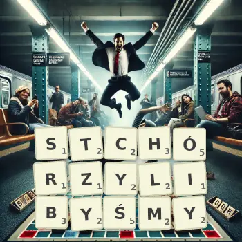 Kreatywna ilustracja do gry w Scrabble ze słowem STCHÓRZYLIBYŚMY ułożonym z płytek na planszy.