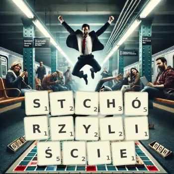 Kreatywna ilustracja do gry w Scrabble ze słowem STCHÓRZYLIŚCIE ułożonym z płytek na planszy.