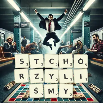 Kreatywna ilustracja do gry w Scrabble ze słowem STCHÓRZYLIŚMY ułożonym z płytek na planszy.