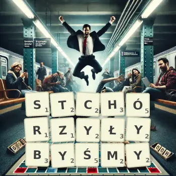 Kreatywna ilustracja do gry w Scrabble ze słowem STCHÓRZYŁYBYŚMY ułożonym z płytek na planszy.