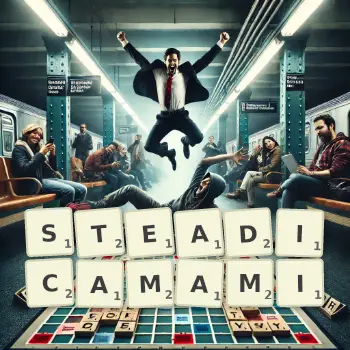 Kreatywna ilustracja do gry w Scrabble ze słowem STEADICAMAMI ułożonym z płytek na planszy.