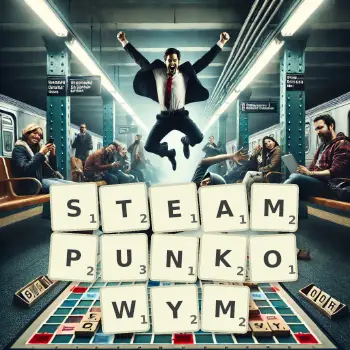 Kreatywna ilustracja do gry w Scrabble ze słowem STEAMPUNKOWYM ułożonym z płytek na planszy.