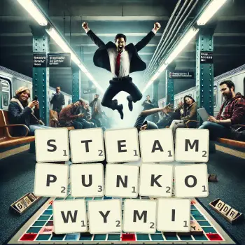 Kreatywna ilustracja do gry w Scrabble ze słowem STEAMPUNKOWYMI ułożonym z płytek na planszy.