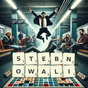 Kreatywna ilustracja do gry w Scrabble ze słowem STEBNOWALI ułożonym z płytek na planszy.