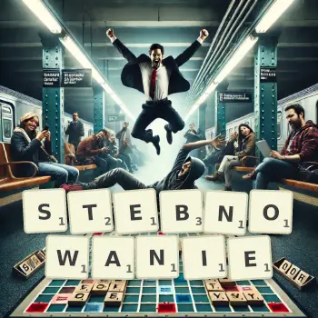 Kreatywna ilustracja do gry w Scrabble ze słowem STEBNOWANIE ułożonym z płytek na planszy.