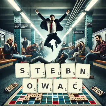 Kreatywna ilustracja do gry w Scrabble ze słowem STEBNOWAĆ ułożonym z płytek na planszy.