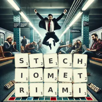 Kreatywna ilustracja do gry w Scrabble ze słowem STECHIOMETRIAMI ułożonym z płytek na planszy.