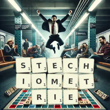 Kreatywna ilustracja do gry w Scrabble ze słowem STECHIOMETRIE ułożonym z płytek na planszy.