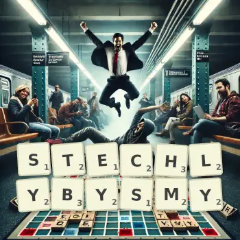 Kreatywna ilustracja do gry w Scrabble ze słowem STECHLYBYSMY ułożonym z płytek na planszy.