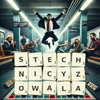 Kreatywna ilustracja do gry w Scrabble ze słowem STECHNICYZOWALA ułożonym z płytek na planszy.