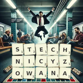 Kreatywna ilustracja do gry w Scrabble ze słowem STECHNICYZOWANA ułożonym z płytek na planszy.