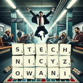 Kreatywna ilustracja do gry w Scrabble ze słowem STECHNICYZOWANI ułożonym z płytek na planszy.