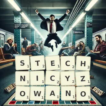 Kreatywna ilustracja do gry w Scrabble ze słowem STECHNICYZOWANO ułożonym z płytek na planszy.