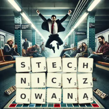 Kreatywna ilustracja do gry w Scrabble ze słowem STECHNICYZOWANĄ ułożonym z płytek na planszy.