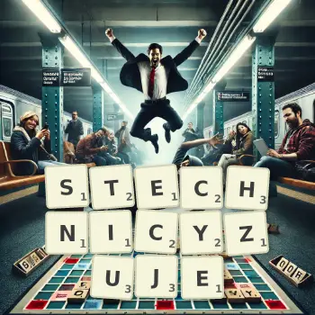 Kreatywna ilustracja do gry w Scrabble ze słowem STECHNICYZUJE ułożonym z płytek na planszy.
