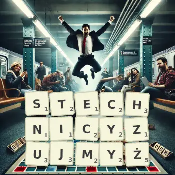 Kreatywna ilustracja do gry w Scrabble ze słowem STECHNICYZUJMYŻ ułożonym z płytek na planszy.