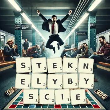 Kreatywna ilustracja do gry w Scrabble ze słowem STEKNELYBYSCIE ułożonym z płytek na planszy.