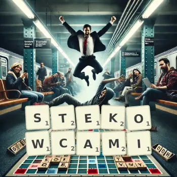 Kreatywna ilustracja do gry w Scrabble ze słowem STEKOWCAMI ułożonym z płytek na planszy.