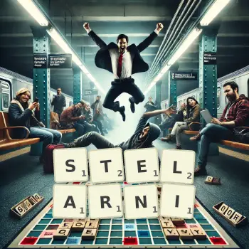 Kreatywna ilustracja do gry w Scrabble ze słowem STELARNI ułożonym z płytek na planszy.