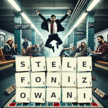 Kreatywna ilustracja do gry w Scrabble ze słowem STELEFONIZOWANI ułożonym z płytek na planszy.