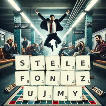 Kreatywna ilustracja do gry w Scrabble ze słowem STELEFONIZUJMY ułożonym z płytek na planszy.