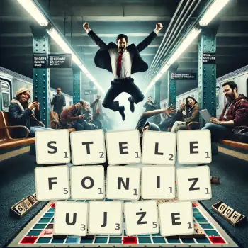 Kreatywna ilustracja do gry w Scrabble ze słowem STELEFONIZUJŻE ułożonym z płytek na planszy.