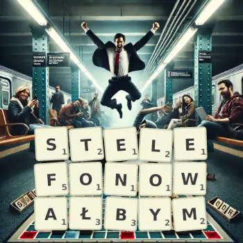 Kreatywna ilustracja do gry w Scrabble ze słowem STELEFONOWAŁBYM ułożonym z płytek na planszy.