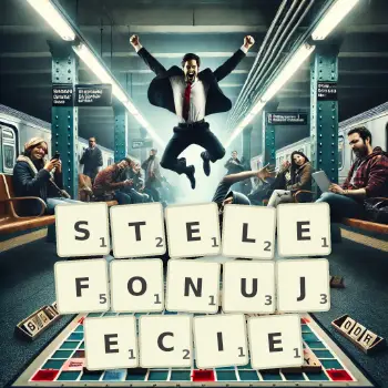 Kreatywna ilustracja do gry w Scrabble ze słowem STELEFONUJECIE ułożonym z płytek na planszy.