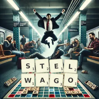 Kreatywna ilustracja do gry w Scrabble ze słowem STELWAGO ułożonym z płytek na planszy.