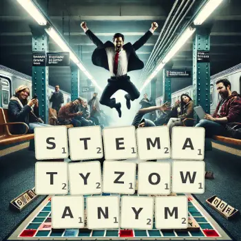 Kreatywna ilustracja do gry w Scrabble ze słowem STEMATYZOWANYM ułożonym z płytek na planszy.