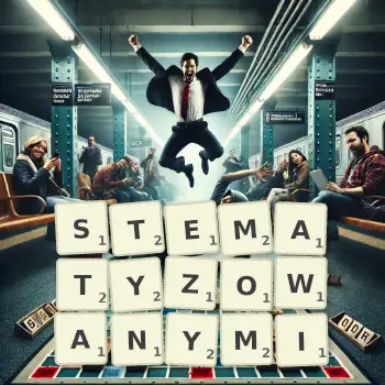 Kreatywna ilustracja do gry w Scrabble ze słowem STEMATYZOWANYMI ułożonym z płytek na planszy.