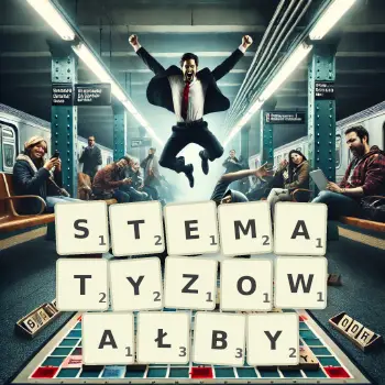 Kreatywna ilustracja do gry w Scrabble ze słowem STEMATYZOWAŁBY ułożonym z płytek na planszy.