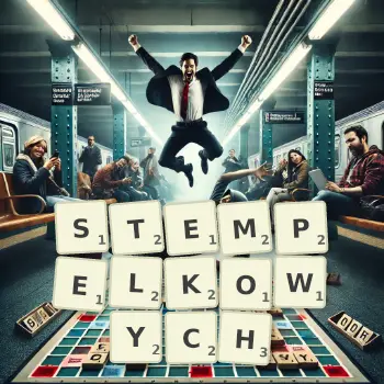 Kreatywna ilustracja do gry w Scrabble ze słowem STEMPELKOWYCH ułożonym z płytek na planszy.