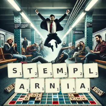 Kreatywna ilustracja do gry w Scrabble ze słowem STEMPLARNIA ułożonym z płytek na planszy.