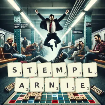 Kreatywna ilustracja do gry w Scrabble ze słowem STEMPLARNIE ułożonym z płytek na planszy.