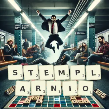 Kreatywna ilustracja do gry w Scrabble ze słowem STEMPLARNIO ułożonym z płytek na planszy.